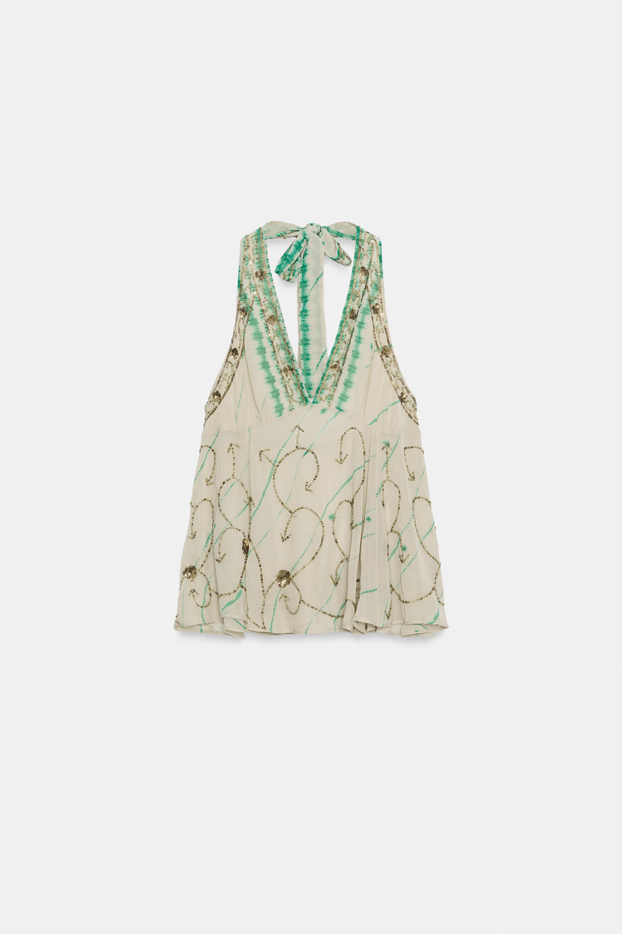 PRINTED EMBROIDERED HALTER TOP